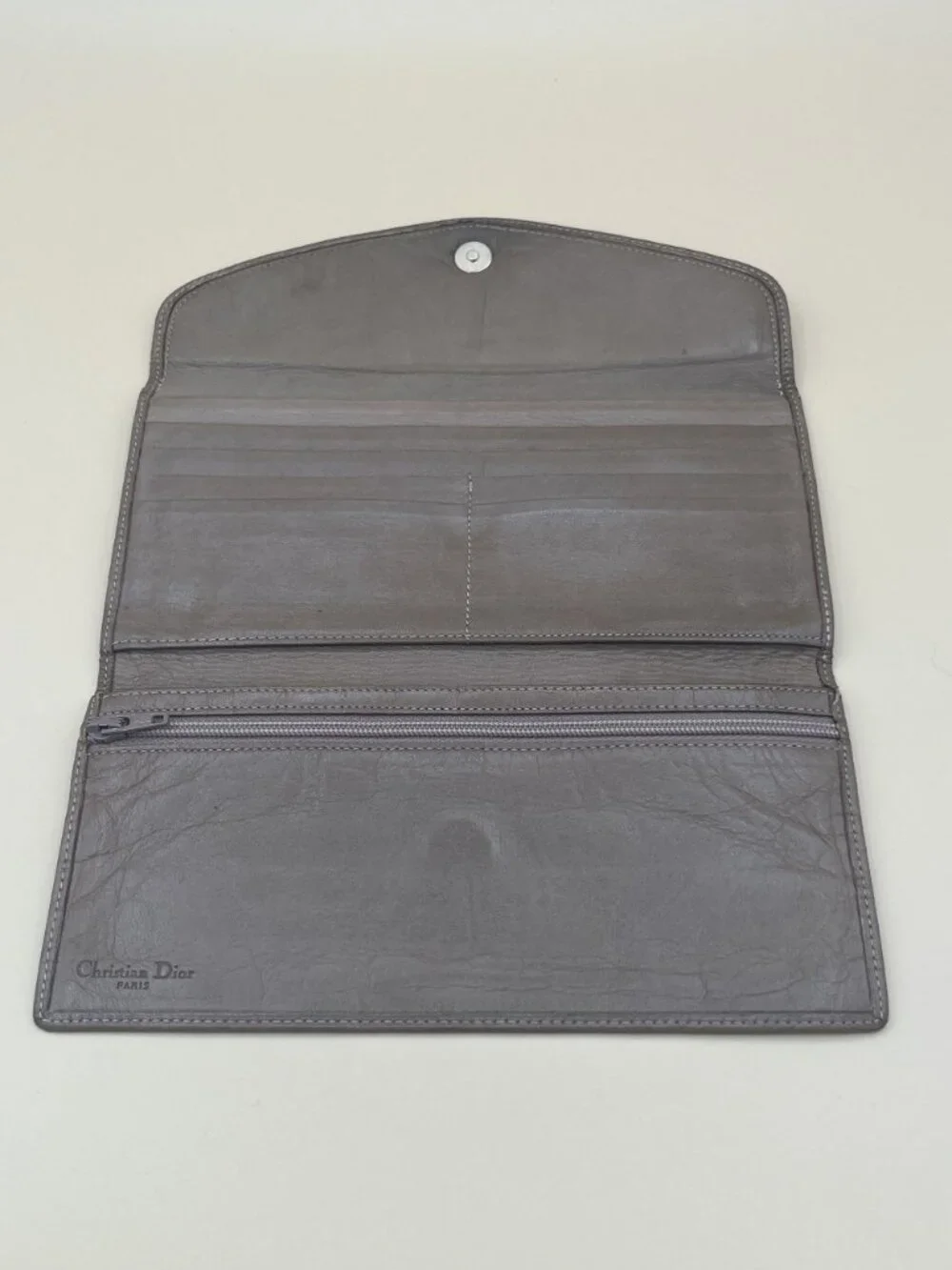 Christian Dior Paris Grey Taupe Leather Long Bifold Wallet CD Charm Silver Hardw